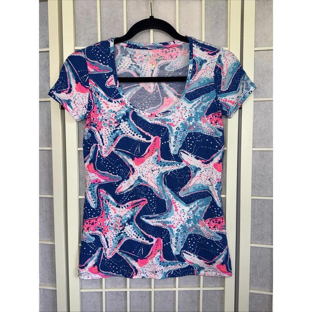 Lilly Pulitzer Patriotic Stars Aquatic Red White Blue Preppy Cotton T Shirt XXS‎